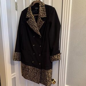 Dennis Basso Black and Leopard Trench Coat